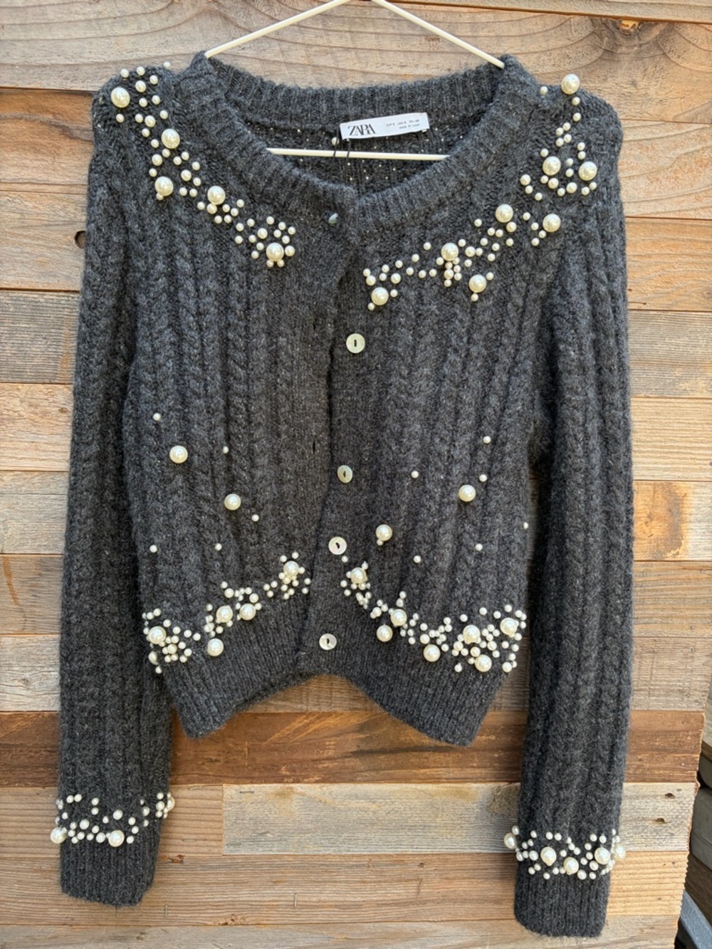 Zara Charcoal Gray Pearl-Trim Cable Knit Cardigan
